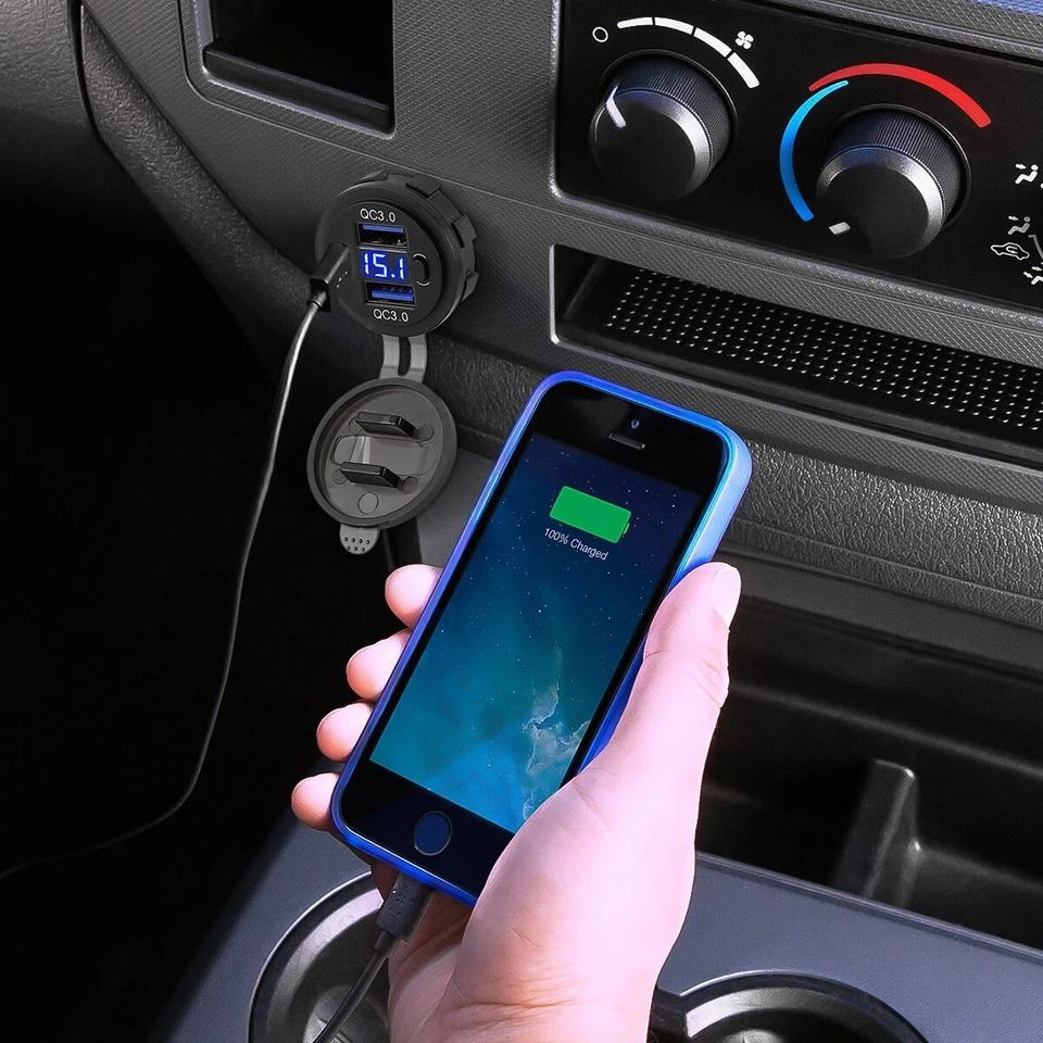 Car Fast Charger, PD QC Dual USB Power Socket Outlet with LED Voltmeter, Waterproof, Charging Power