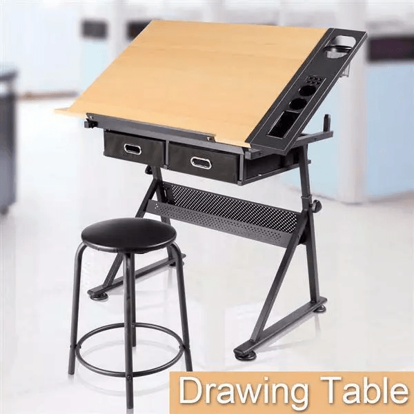Height Adjustable Drafting Table Drawing Art Desk with Stool & 2 Drawers, Tilt Angle Artist Workstation