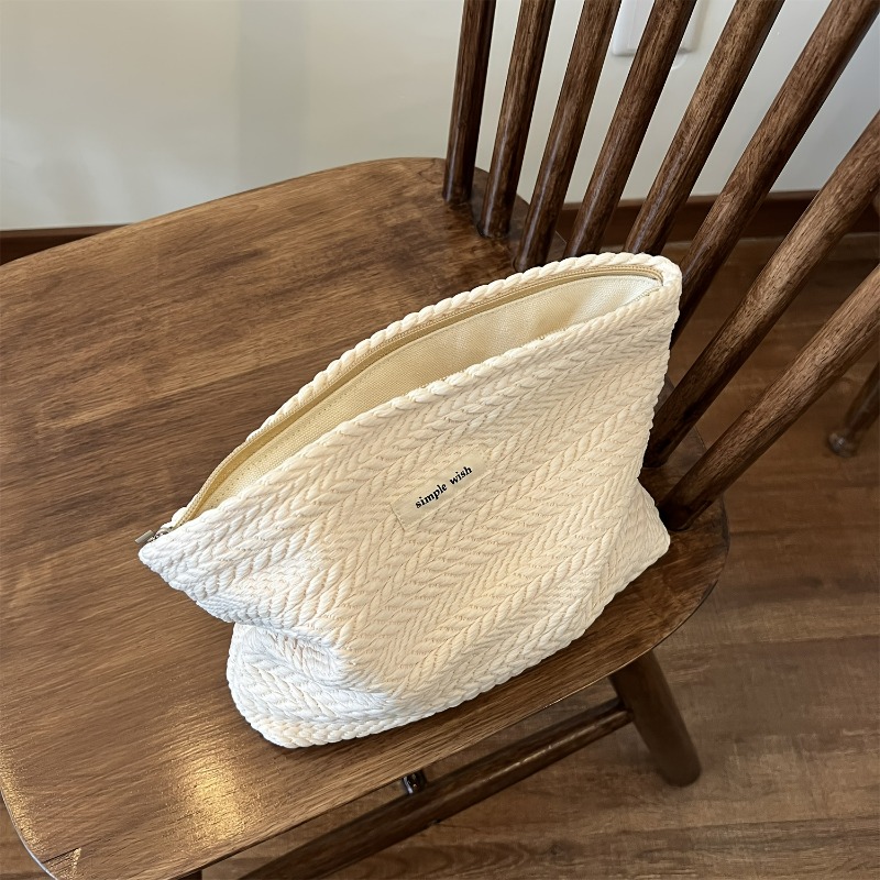 Women's Travel Cosmetic Storage Organizer, Rice Grain Pattern Woven Fabric Handbag, Makeup Pouch, Zipper Closure