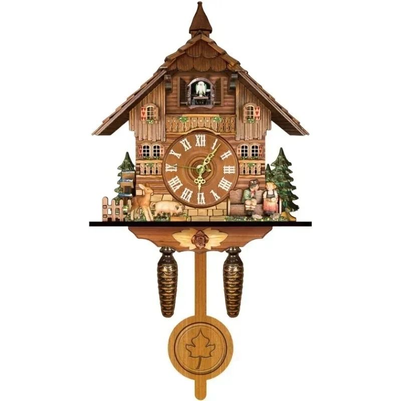 Wooden Cuckoo Wall Clock with Bird Alarm and Silent Quartz Movement