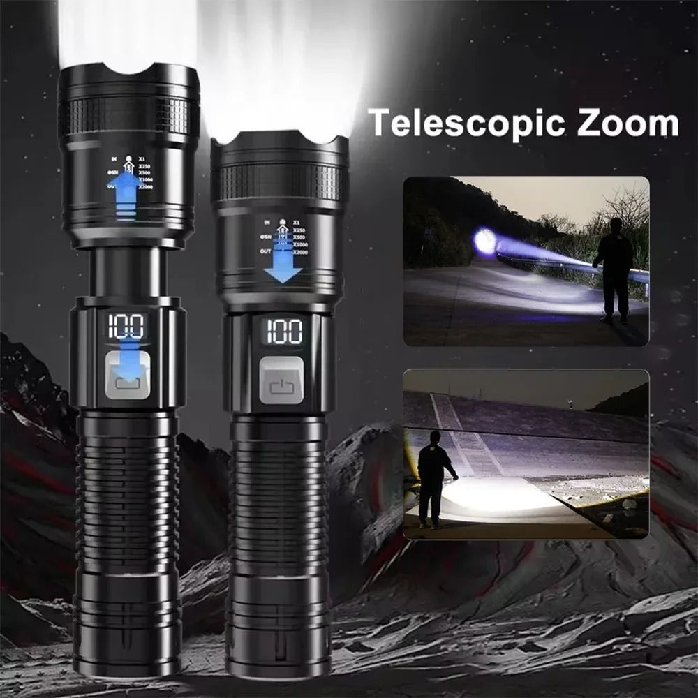 High Power LED Flashlight USB Rechargeable with Display Zoom Lantern