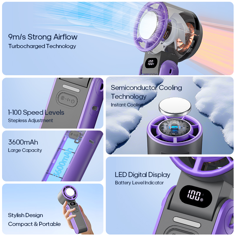 Rechargeable Handheld Fan, Portable & Foldable, with Lanyard for Outdoor Cooling