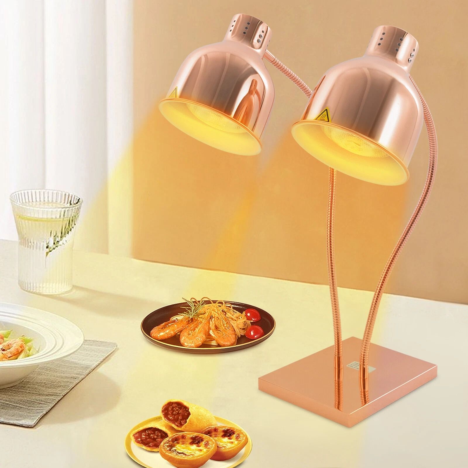 2-Head Food Warming Lamp Gold, Tabletop Food Insulation Lamp, Food Warmer