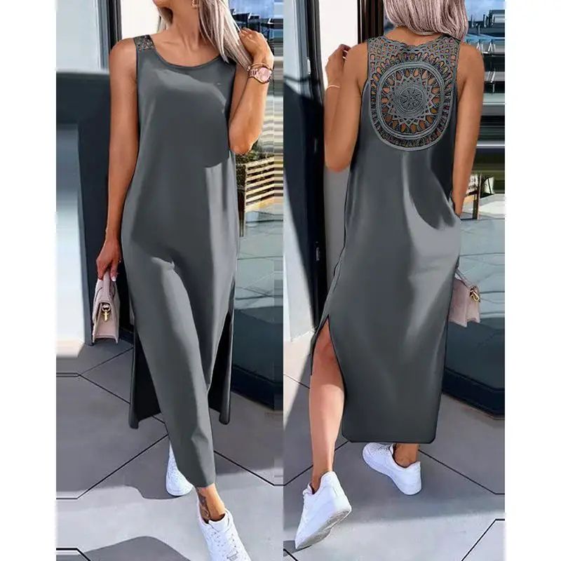 Elegant Summer Sleeveless Womens Summer Dress – Casual Solid Slit Midi Dress