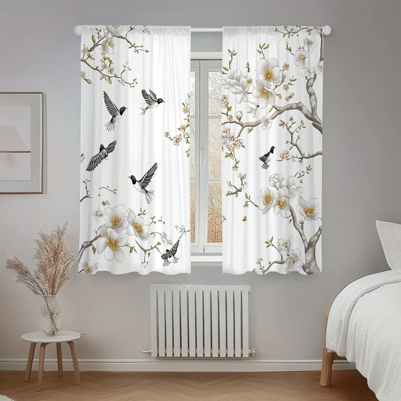 Floral & Bird Print Curtain Set | Luxury Botanical Window Treatments | 2-Piece Washable Living Room & Bedroom Decor