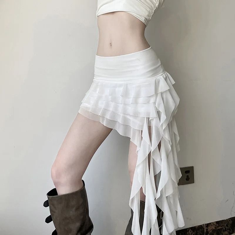 Y2K Irregular Ruffled Fringe Mini Skirt