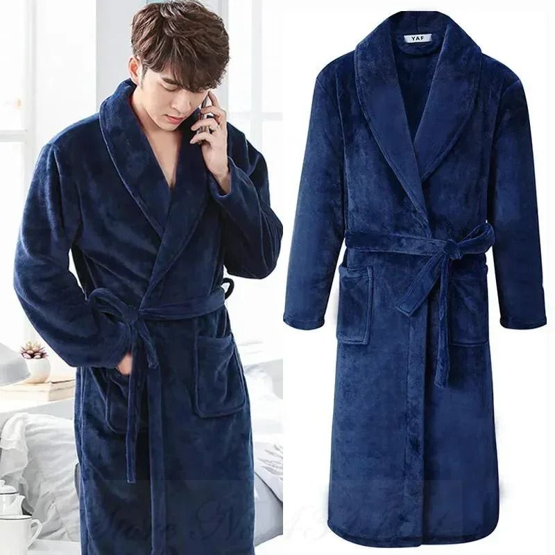 Plus Size Thick Flannel Mens Kimono Bathrobe for Autumn and Winter