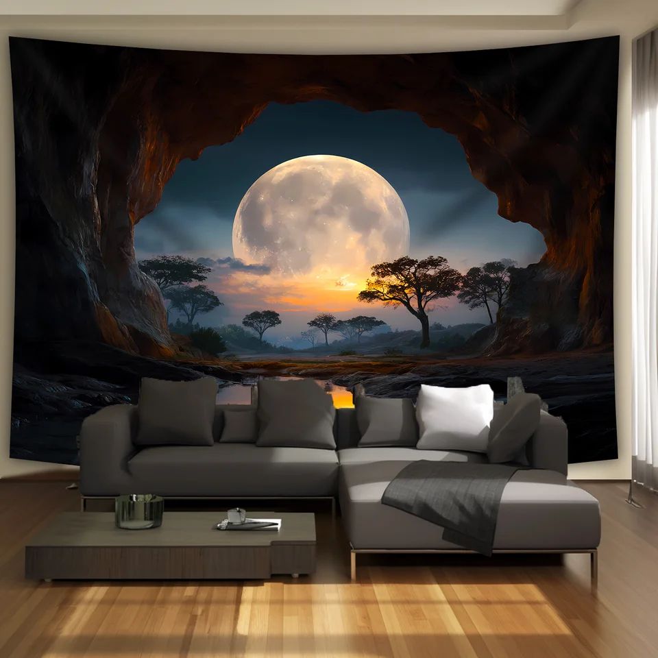 Tranquil Moon Forest Cave Tapestry Aesthetic Wall Hanging Nature Decor