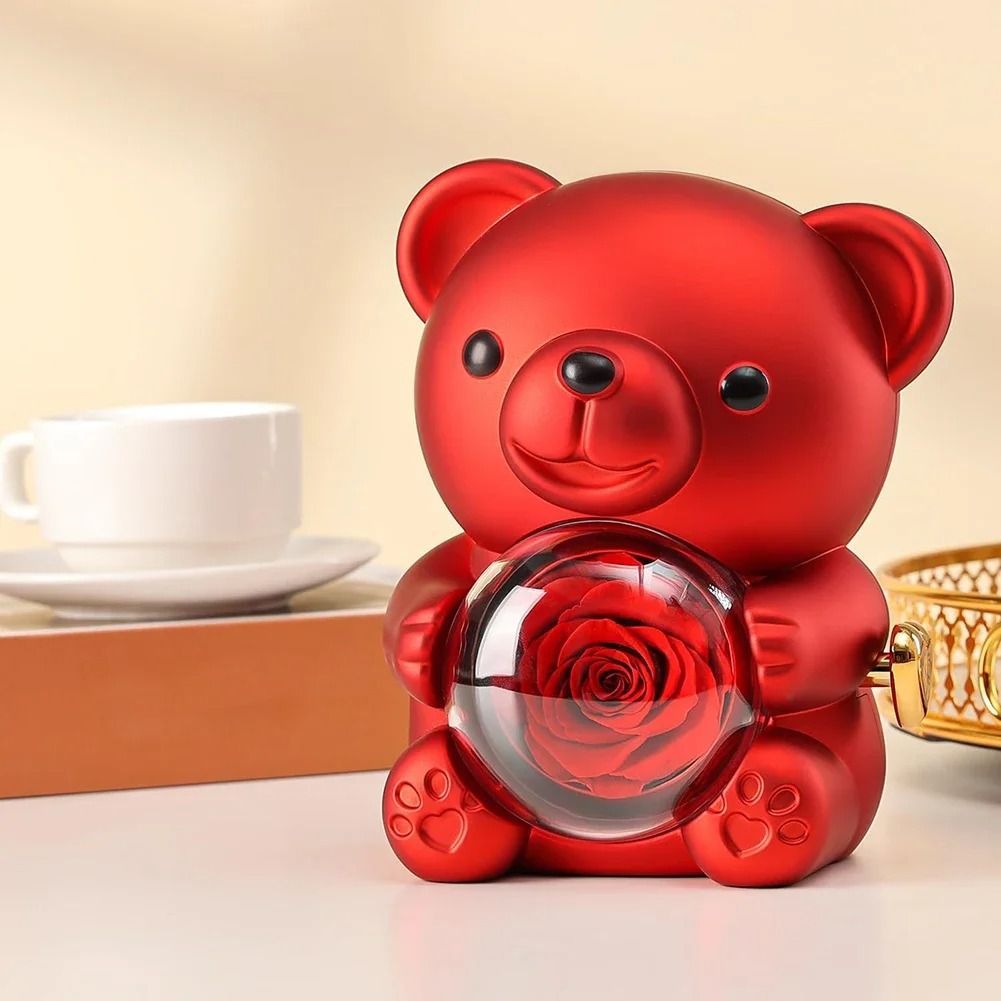 Eternal Rose Bear Jewelry Gift Box Romantic Rotating Rose Case