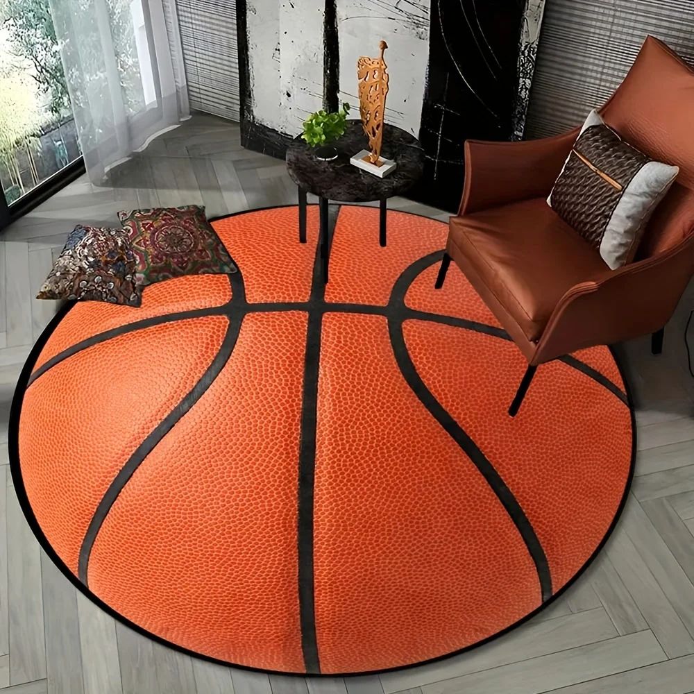 Basketball Rug Non Slip Round Sports Room Decor for Kids Bedroom and Living Space