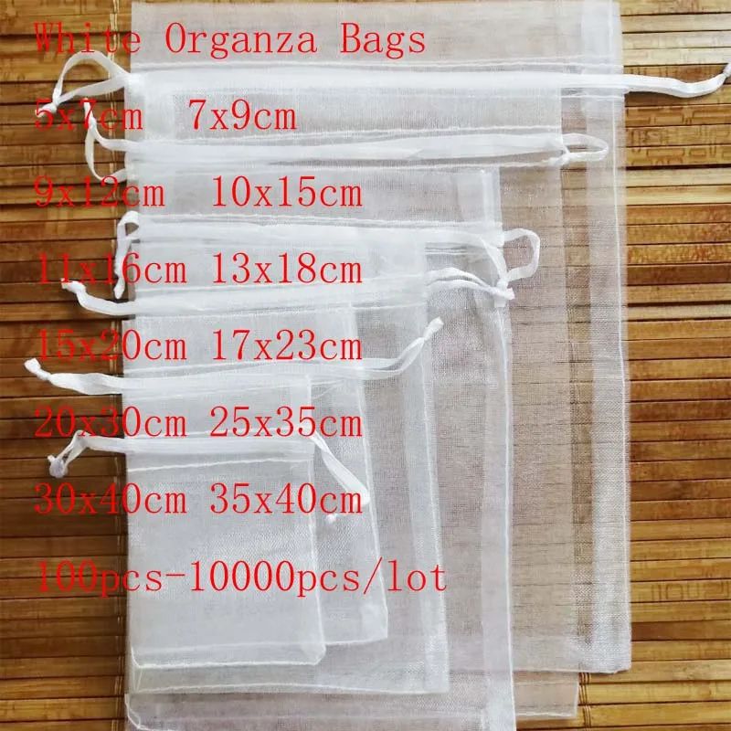 White Organza Drawstring Gift Bags 100 Pack, Sheer Jewelry Pouches for Weddings and Holidays