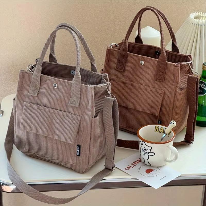 Hand Washable Corduroy Tote Bag with Multiple Pockets, Everyday Shoulder or Crossbody