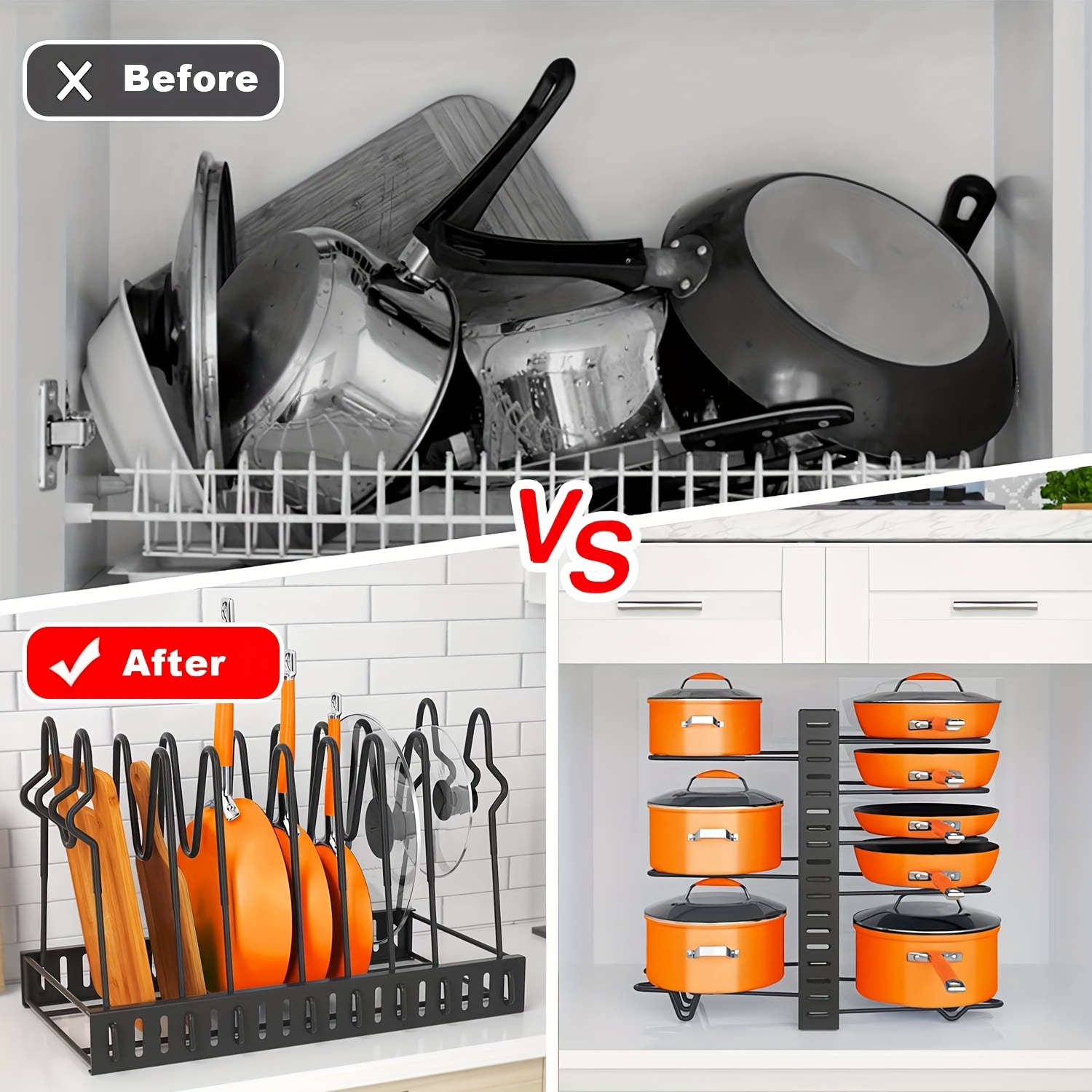 8-Tier Heavy Duty Pot Rack Organizer, Durable Metal Saving Cabinet Holder for Pots, Pans Lids, Keep Kitchen Neat, Tidy