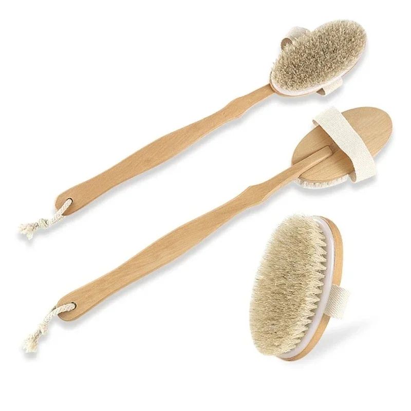 Natural Bristle Back Scrubber with Long Wooden Handle – Detachable Dry Brushing Body Brush for Exfoliating & Massage