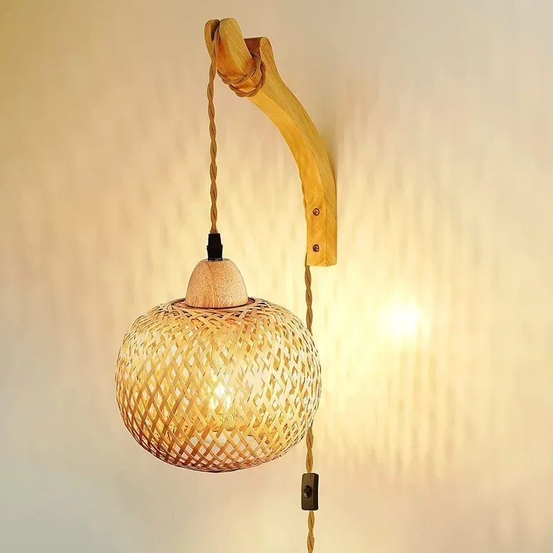 Bamboo Lantern Wall Lamp – Hand-Woven Natural Rattan Wicker Light Fixture