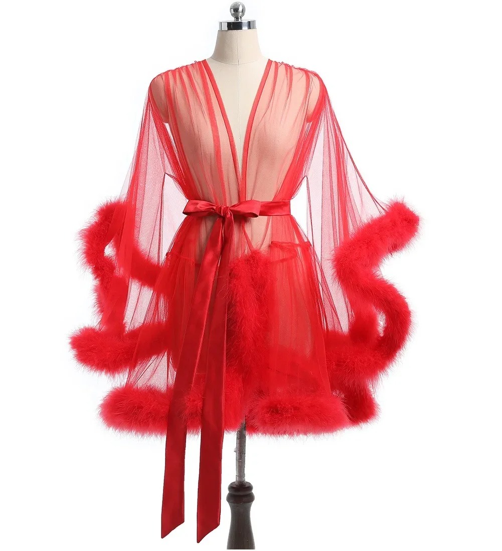Large Size Sex Fur Bathrobe with Seductive Mesh Perspective, Bridal Passionate Waist Tightening Robe, Dressing Gown