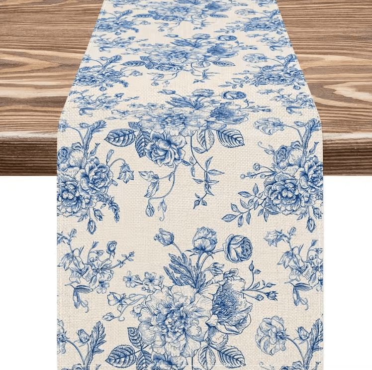 Chinoiserie Blue Floral Linen Table Runner – Elegant Botanical Farmhouse Decor