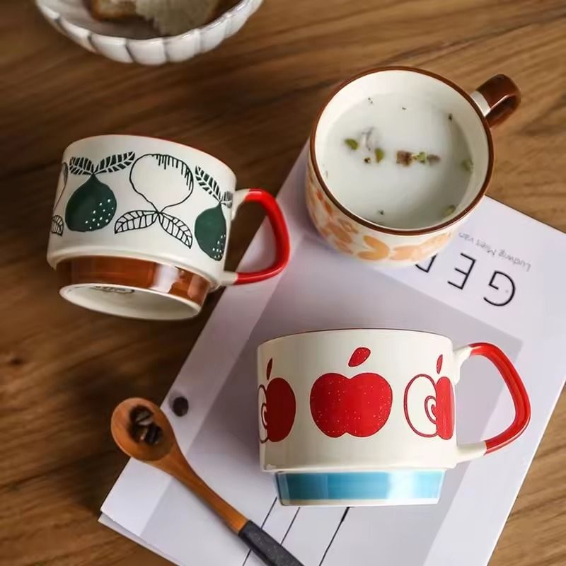 Japanese Flower Retro Ceramic Mug Set 300ml Stylish Drinkware