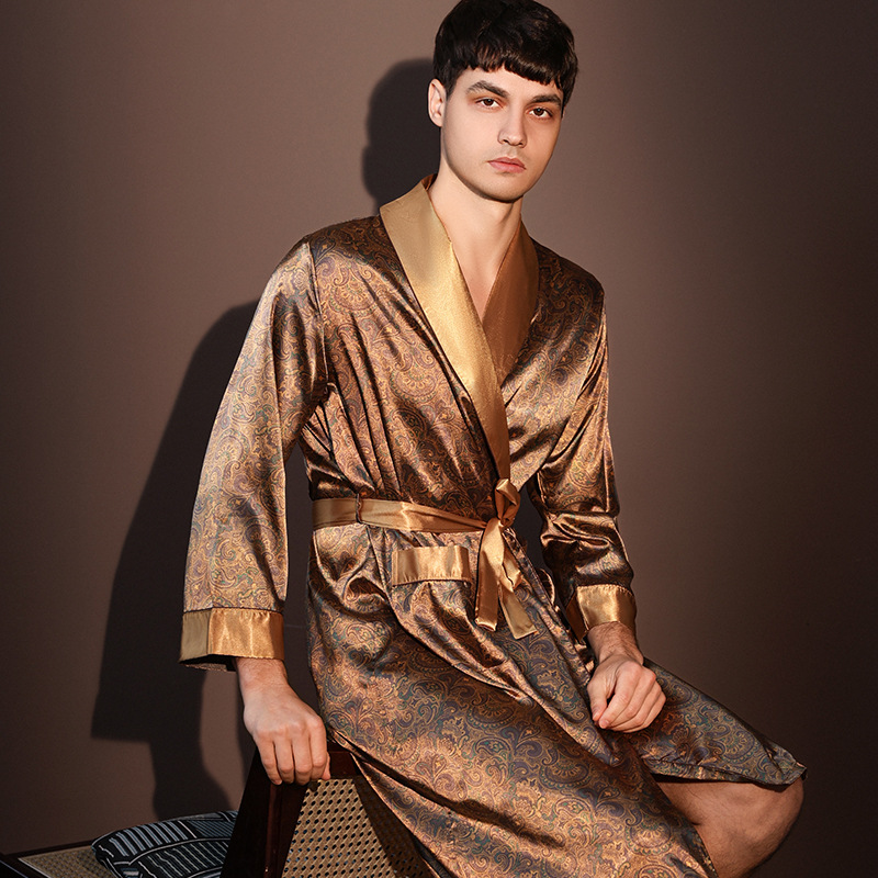 High Quality Nightrobes Men, Ice Silk Printed Pajamas One-piece Robe, Summer Thin Bathrobe Large Size, Loungewear