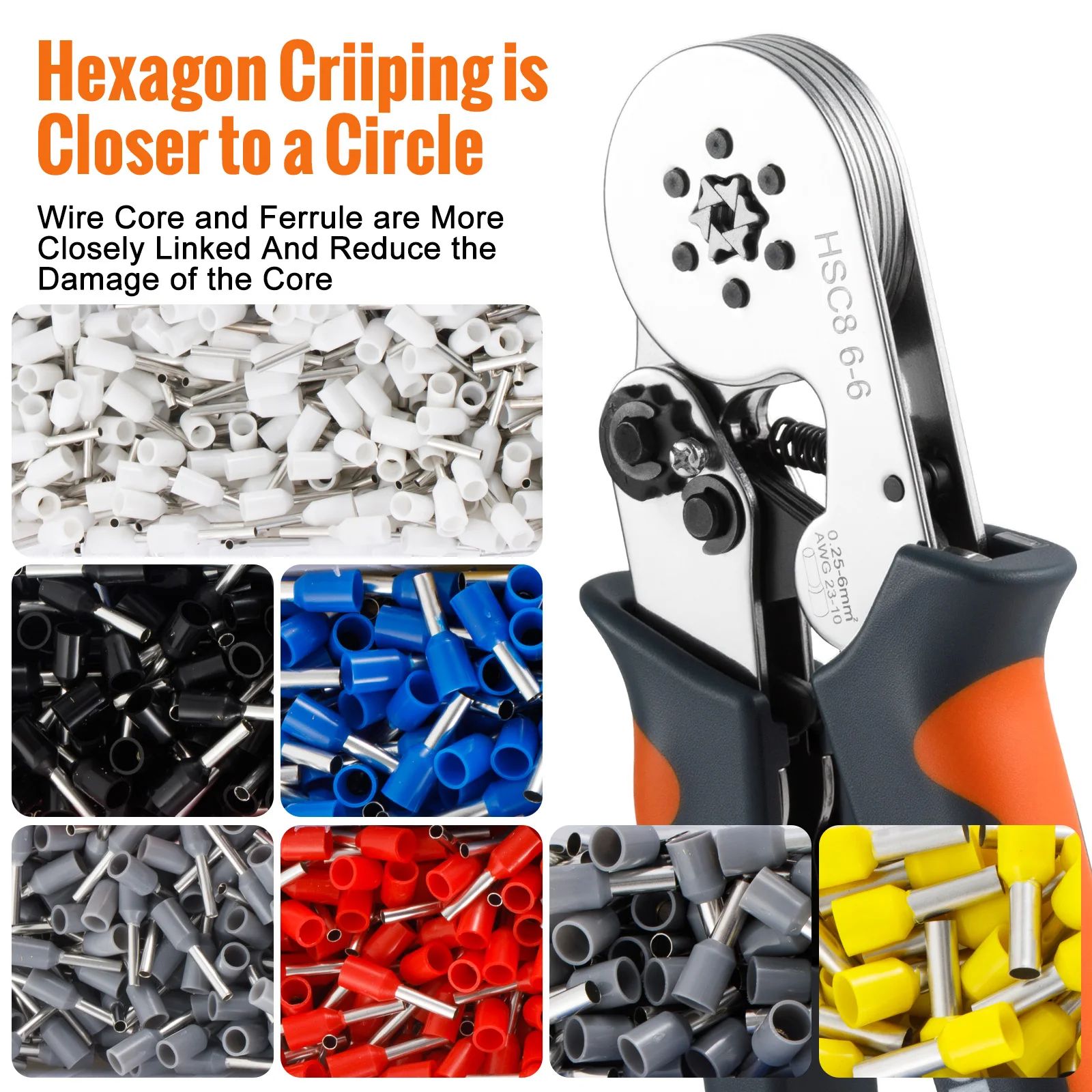 HSC8 Mini Ferrule Crimping Tool Pliers for Electrical Wire Terminals (AWG 23–7 / AWG 23–10)
