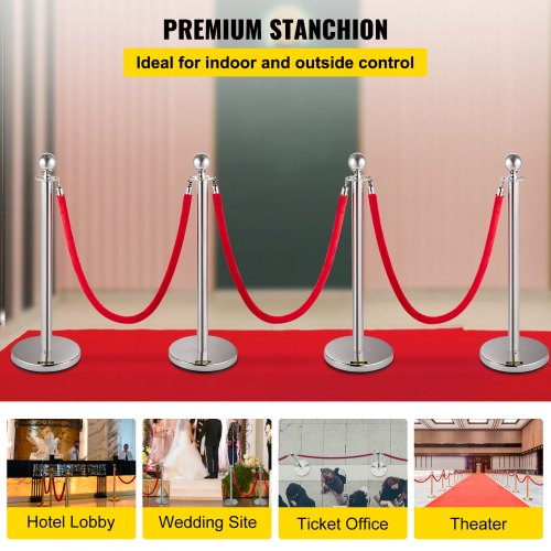 Retractable Crowd Control Barrier, 38 Inch Stainless Steel Stanchion Posts with Durable Red Velvet Rope (Silver)