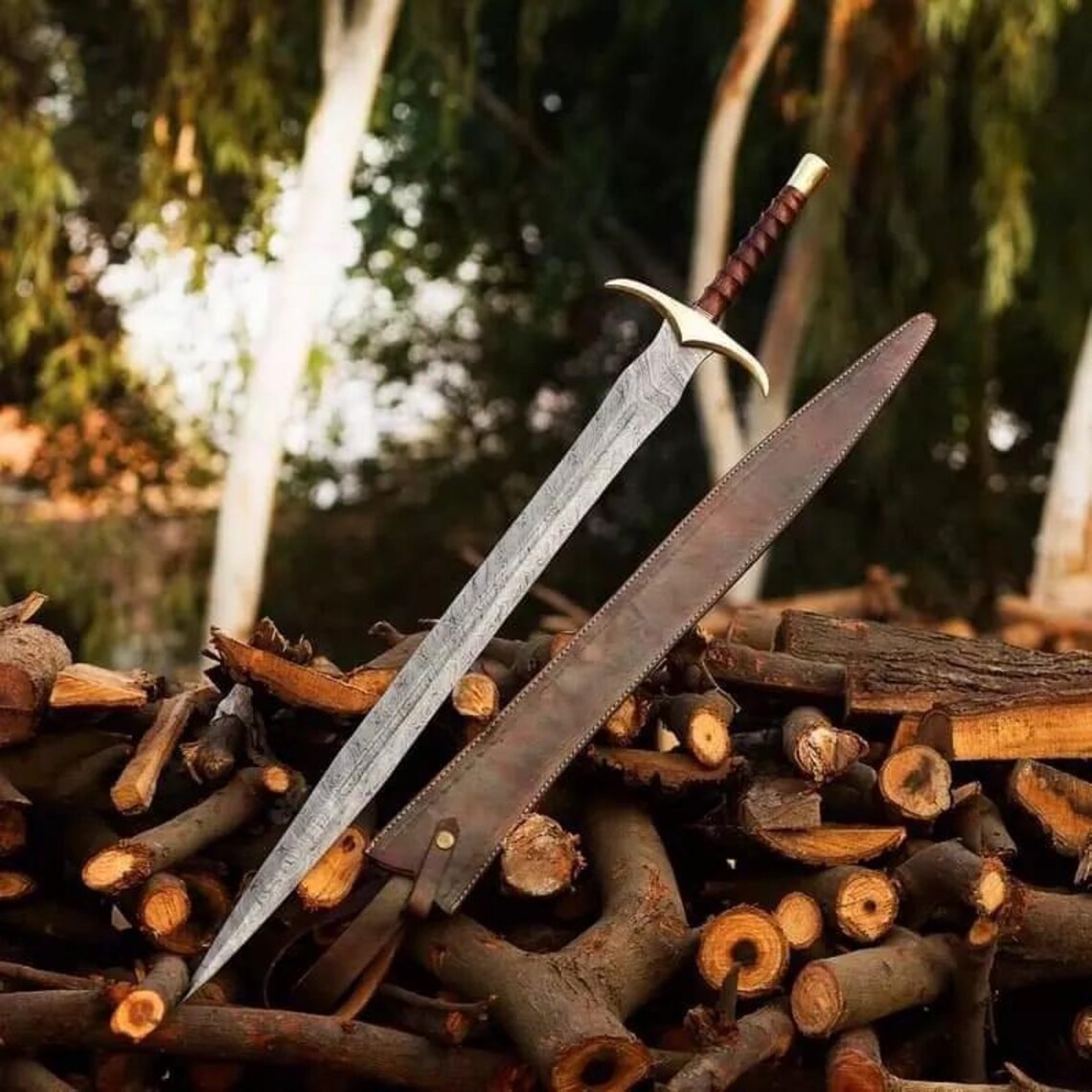 Damascus Steel Swiss Dagger Viking Double Edge Sword 38 Inches Handmade Damascus Steel Sword With Sheath,