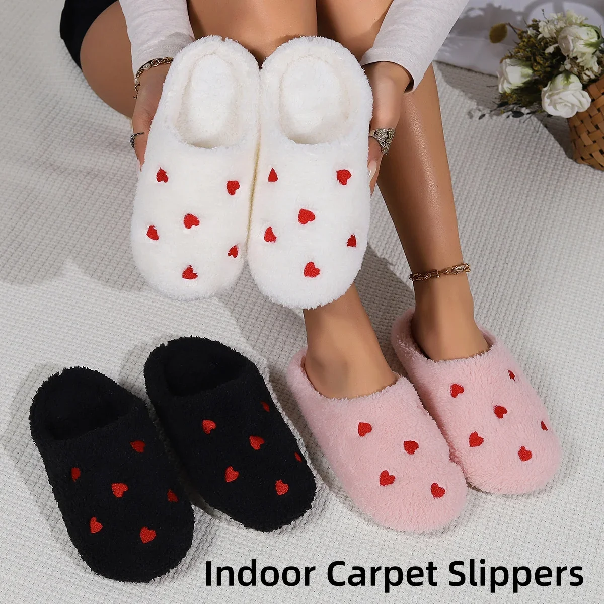 Winter Womens Heart-Shaped Slippers Soft Sole Indoor Shoes for Comfortable and Silent Walking