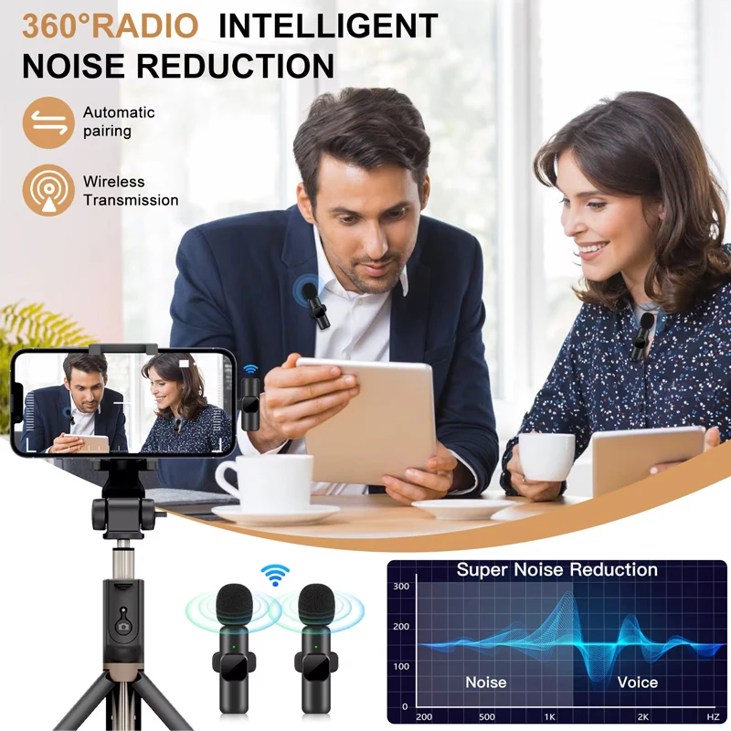 Dual Wireless Microphone with Noise Reduction Clip-On Lavalier Mic for Streaming, Vlogging & Recording