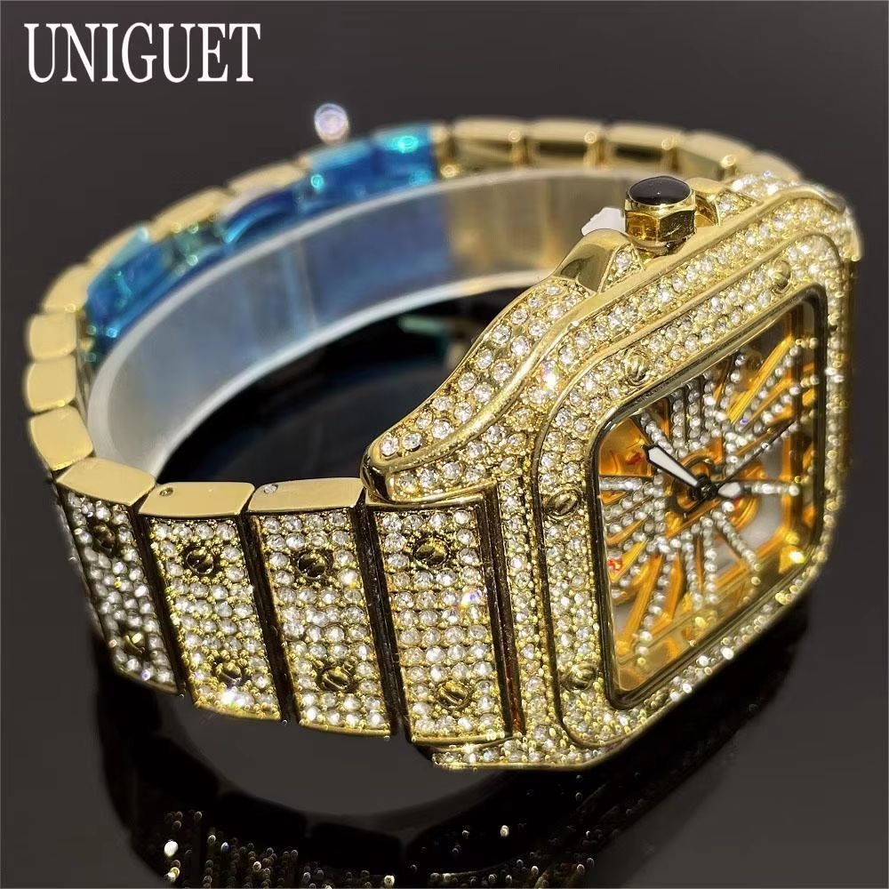Luxury Iced Out Square Watch Gold Hip Hop Diamond Quartz Watch for Men