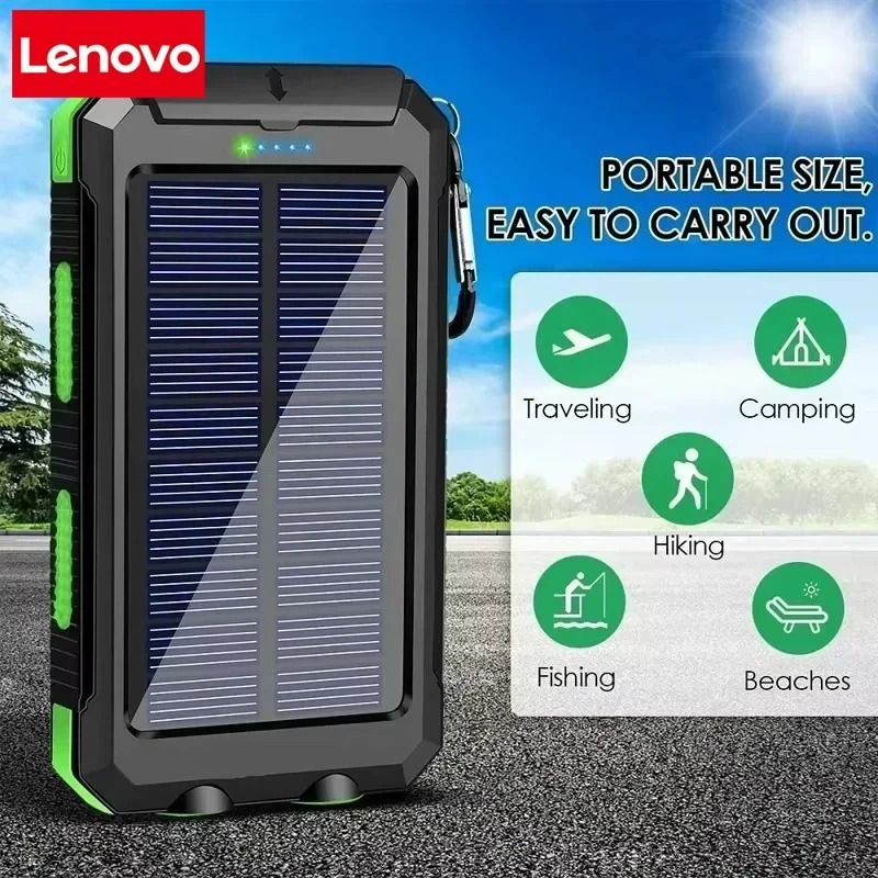 Lenovo 50000mAh Solar Power Bank – Portable External Battery with High-Power LED for iPhone & Samsung