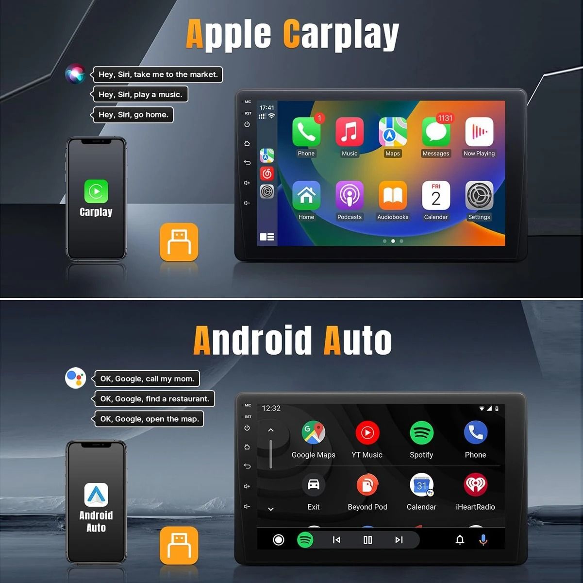 9 Inch Single Din Car Stereo HD Touch Screen with Carplay Android Auto Bluetooth Backup Camera and Navigation