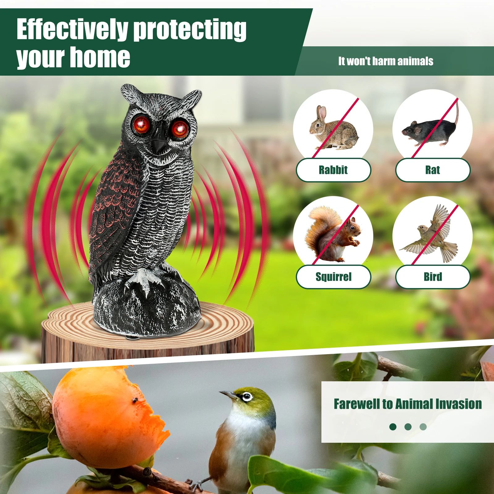 Solar Owl Bird Deterrent with Sound and Light Waterproof Garden Scarecrow