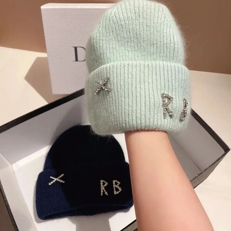 Diamond-Embellished Rabbit Fur Blend Thermal Beanie