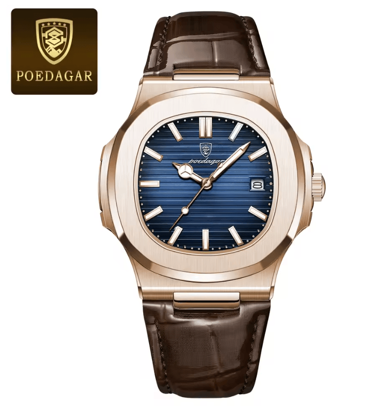 POEDAGAR Luxury Mens Square Watch Waterproof Quartz Wristwatch with Leather Strap