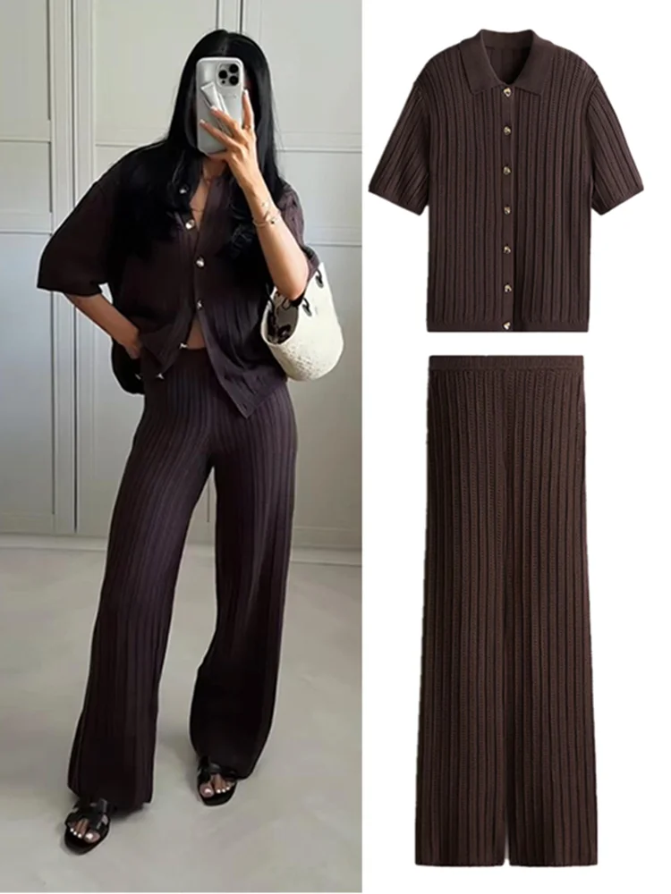 Vintage Brown Knitted Loose Pants Set Women Short Sleeve Lapel Cardigan Straight Trousers Elegant Fashion Suit