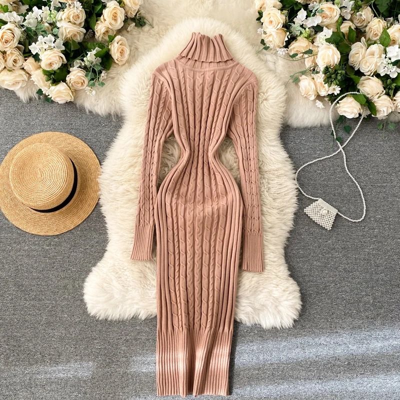 Seoulish Autumn Winter Twist Women's Wrap Knitted Bodycon Long Sleeve Sheath Dress
