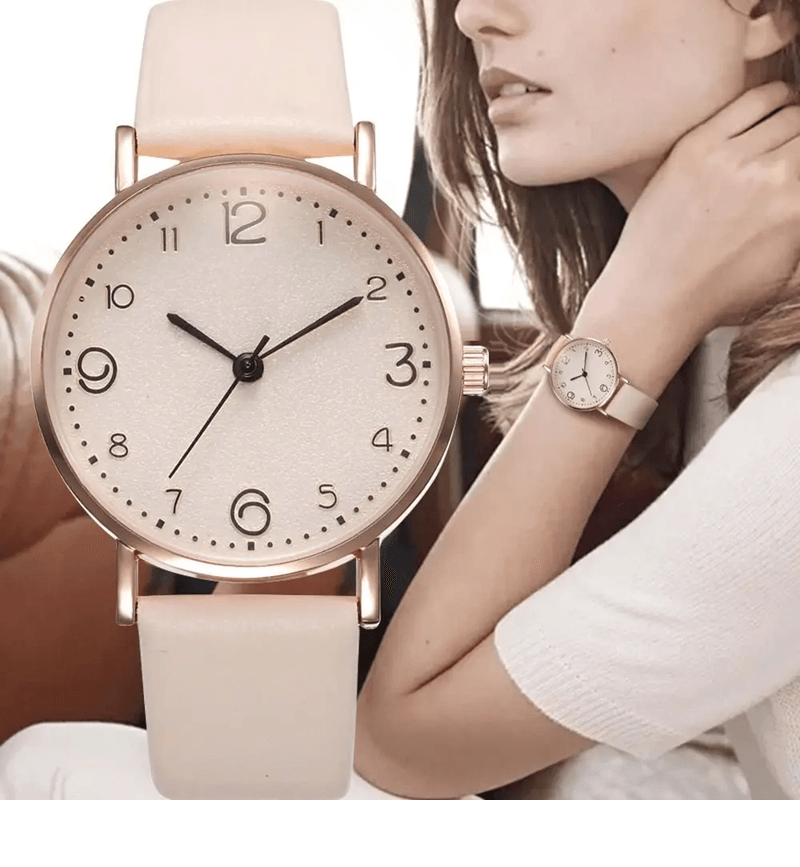 Womens Arabic Number Quartz Watch Casual Leather Style