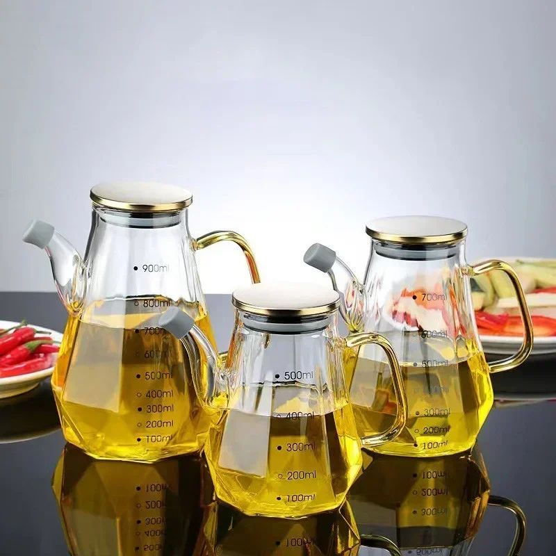 USTINLAU Diamond Glass Oil Dispenser – Leak-Proof Measuring Bottle with Lid for Soy Sauce, Vinegar & Cooking Oils