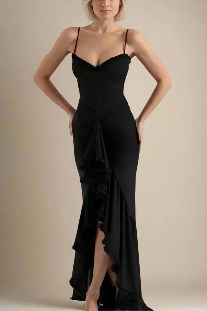 Elegant Ruched Mesh Camisole Dress – Ruffled Sleeveless Flowy Party Dress
