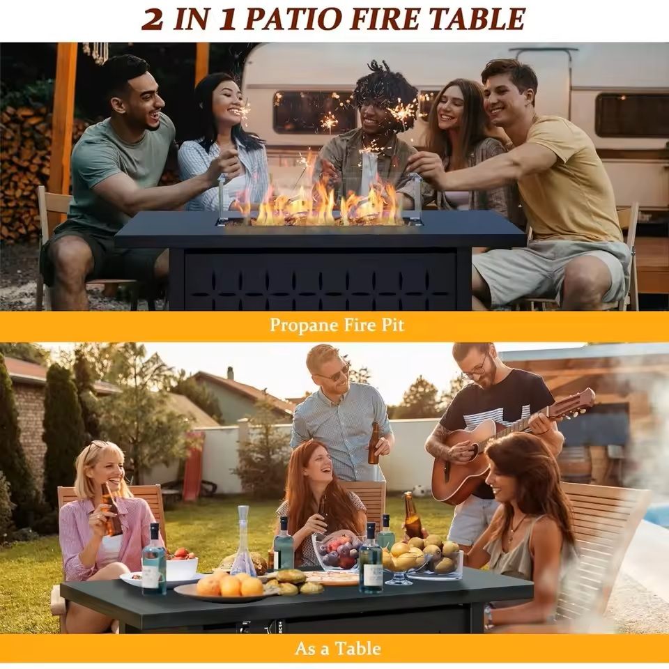 43 Inch Outdoor Propane Fire Pit Table with Glass Guard and Lid