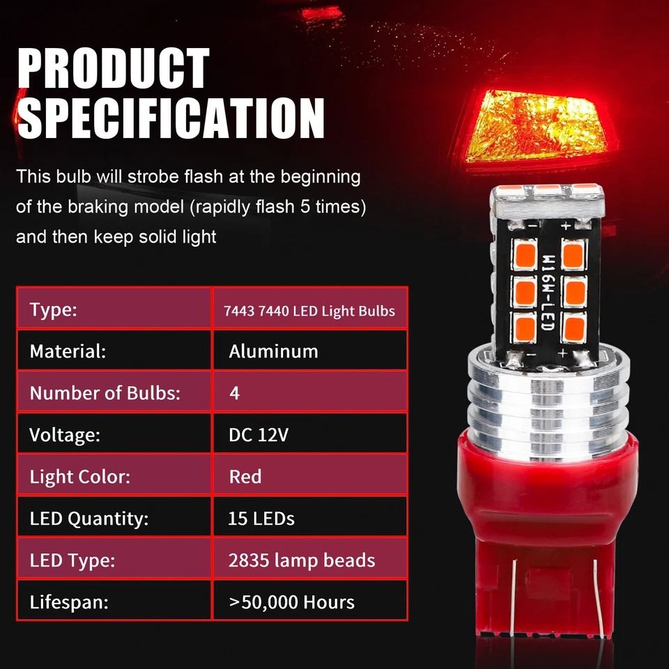 LED Red Strobe Flash Brake Stop Tail Parking Light Bulbs
