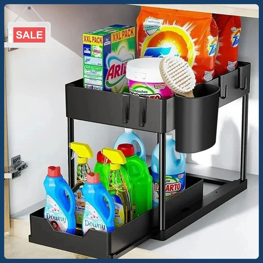 2-Tier Sliding Under Sink Organizer – Space-Saving Cabinet Storage Rack with Hooks