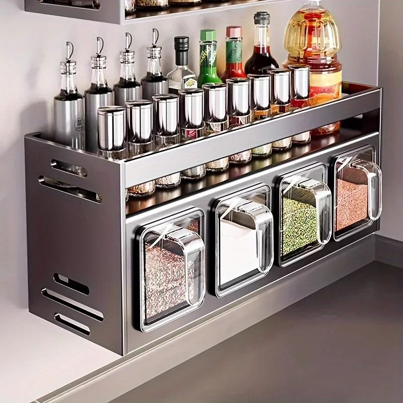 Stainless Steel Wall Mounted Kitchen Spice Rack with Storage Jars