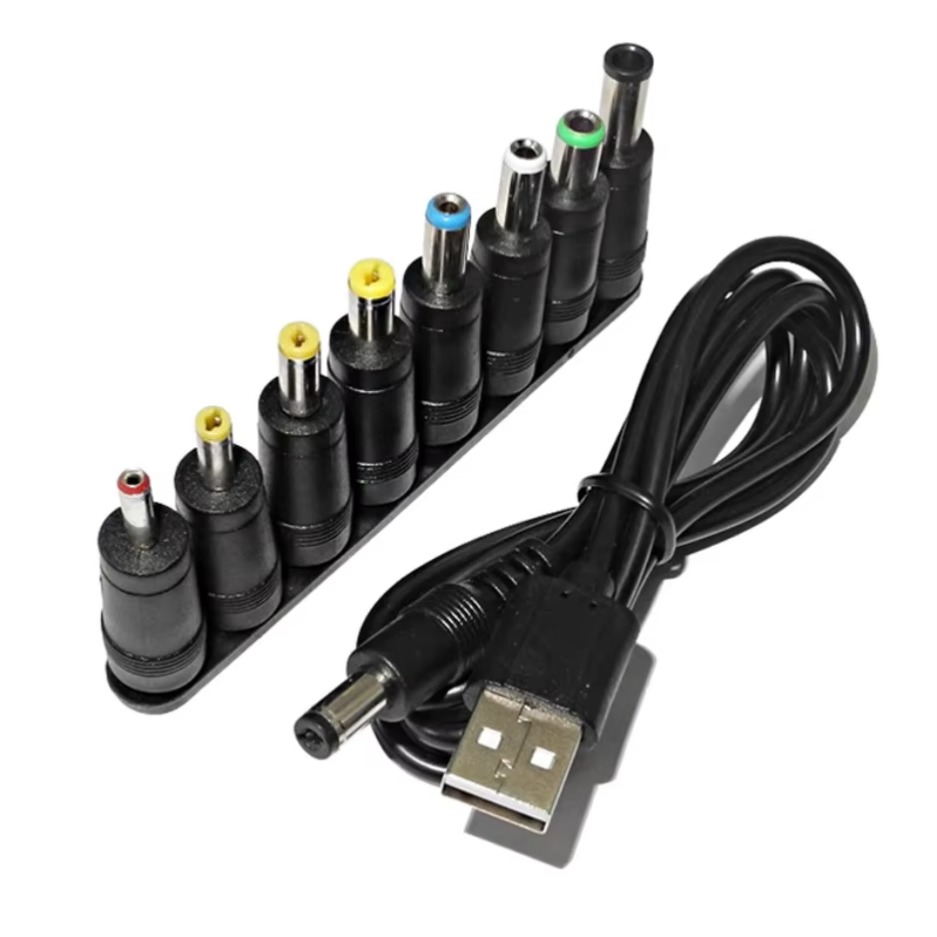 Universal USB Power Cable to DC Jack Charging Cord with Selectable Tips for CCTV Cameras and TV Box