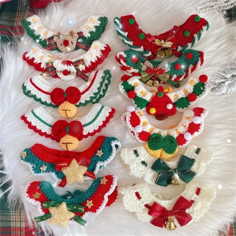 Christmas Pet Collar Scarf – Lace Knitted Wool Neckwear for Cats & Dogs, Festive Holiday Accessory