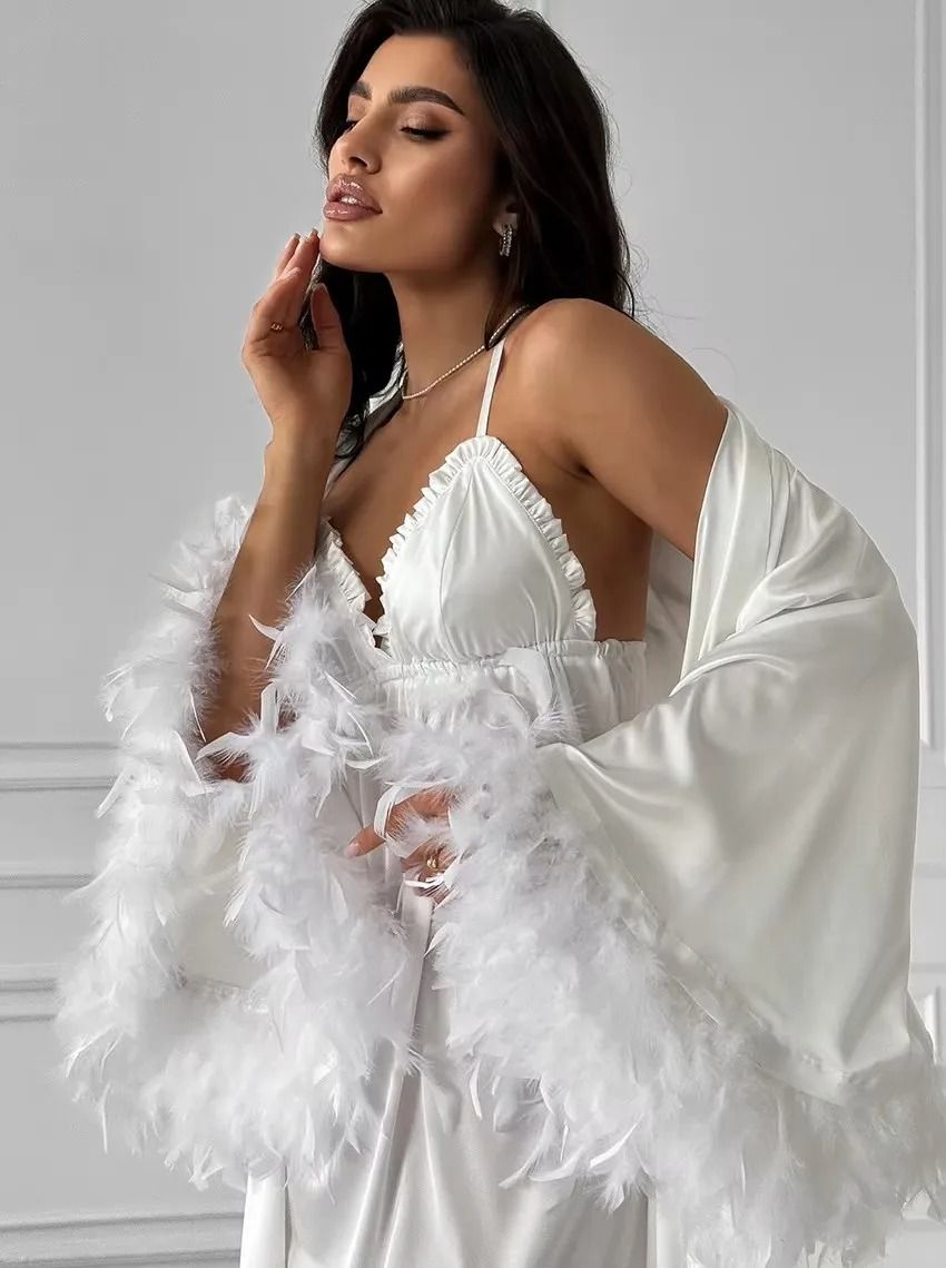 Elegant Feather Bridal Kimono Robe – Sexy Rayon Summer Sleepwear & Wedding Morning Gown