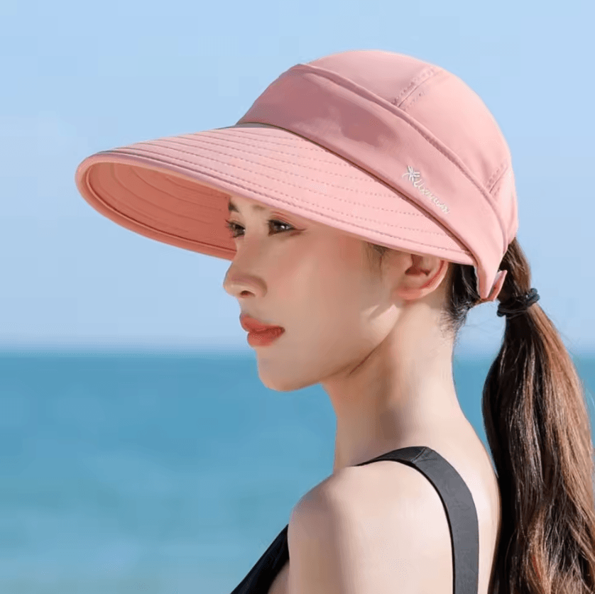 Foldable Wide Brim Ponytail Sun Hat – UV Protection Detachable Open-Top Summer Cap