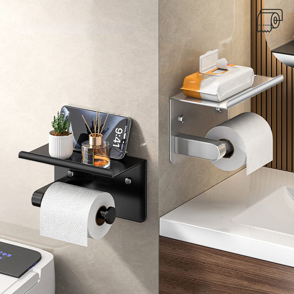 Stainless Steel Adhesive Toilet Paper Holder with Shelf Wall Mounted Bathroom Organizer Rack