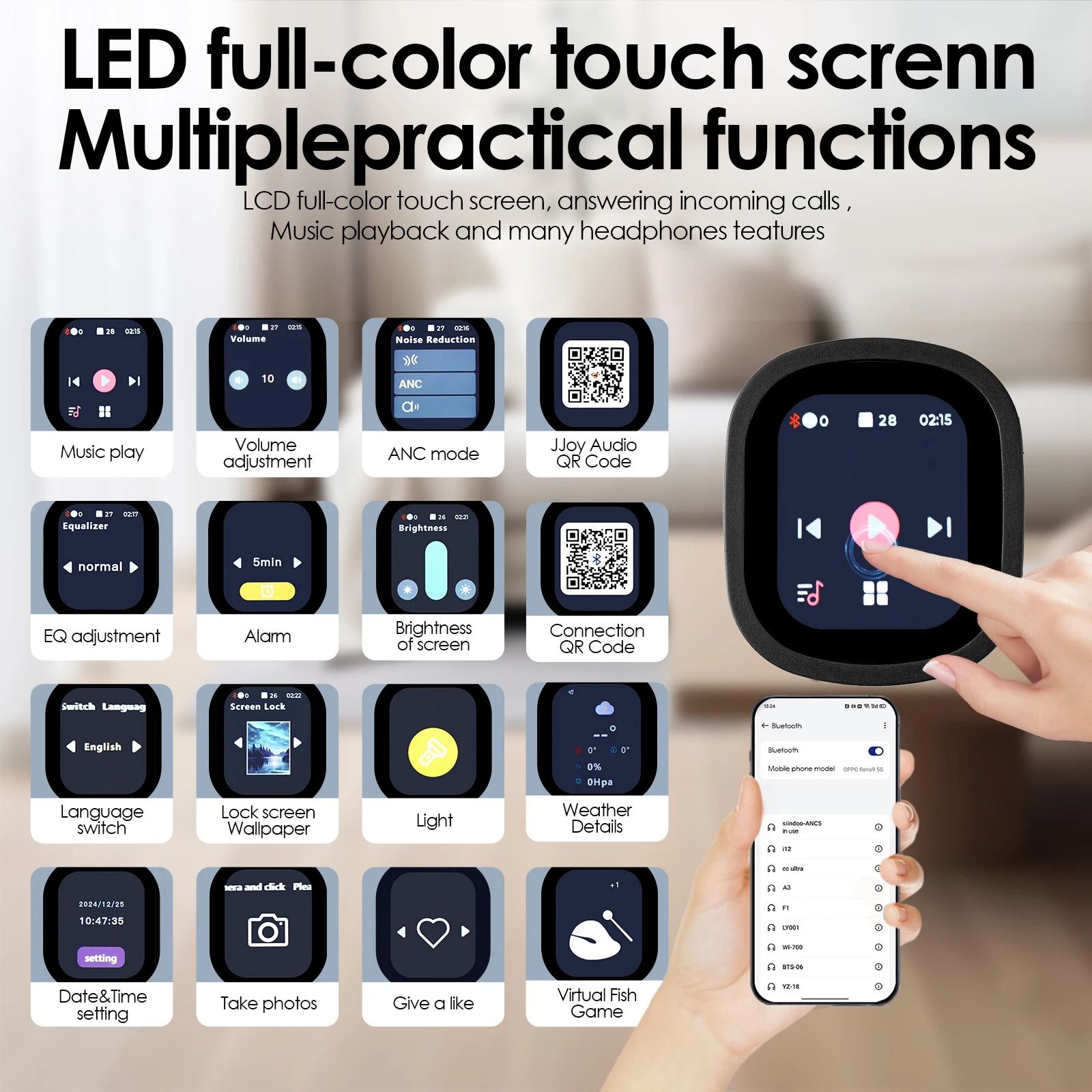 Hybrid Wireless Headphones with Active Noise Cancelling and LED Touch Screen