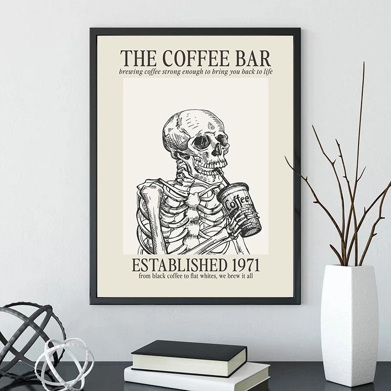Caffeinated Narrative Canvas – High-Definition Skeleton Line Art Architectural Art